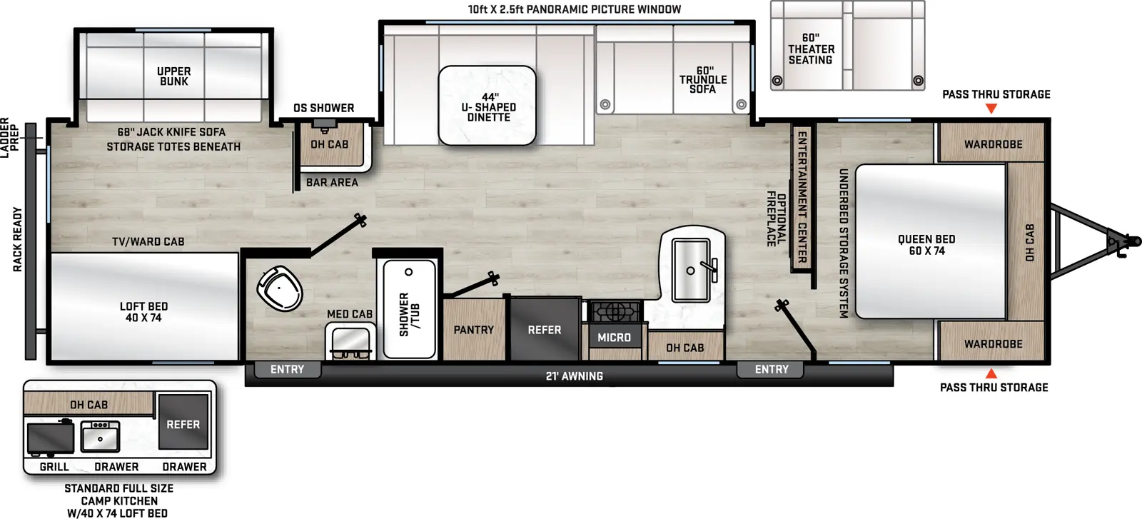 The Catalina Legacy Edition 323BHDSCK floorplan has two entries and two slide outs. Exterior features include: metal exterior, 21' awning and outside kitchen. Interiors features include: bunk beds, u-dinette and front bedroom.